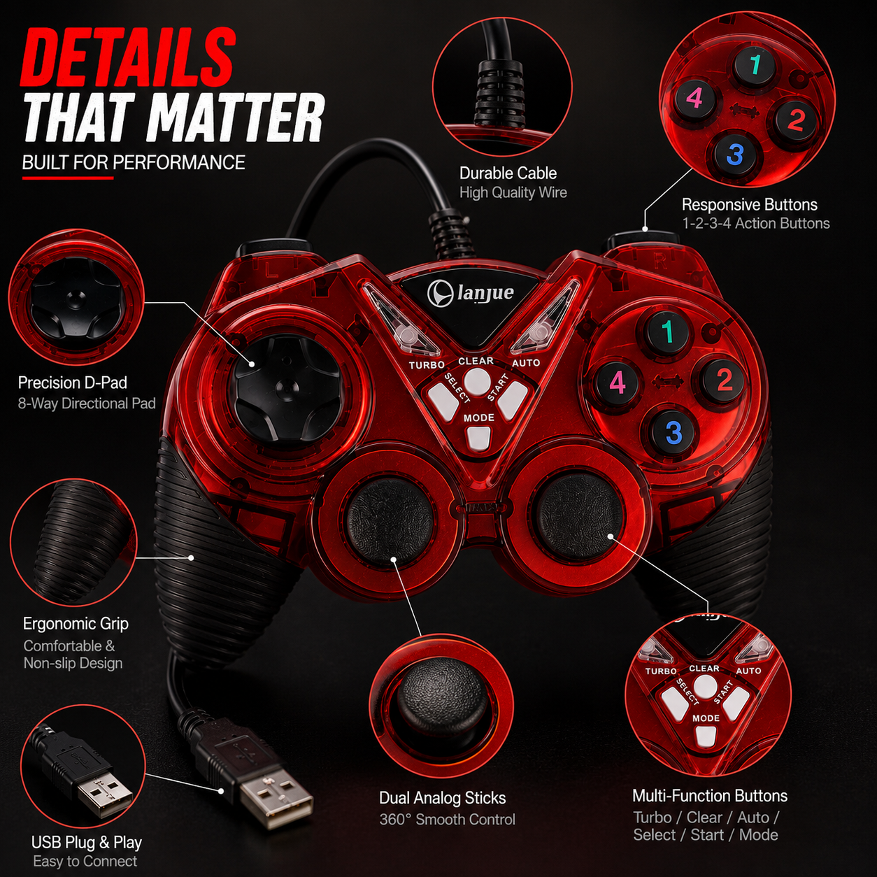 L2000 USB Wired Game Controller for PC | Dual Shock Gamepad