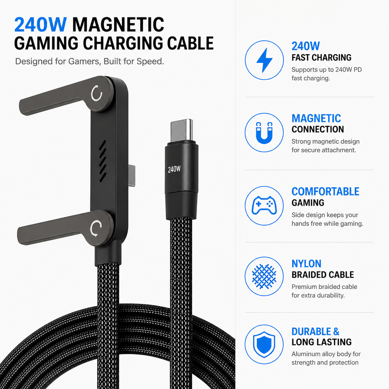 2-in-1 USB-C to USB-C 240W Fast Charging Cable with Built-in Phone Stand
