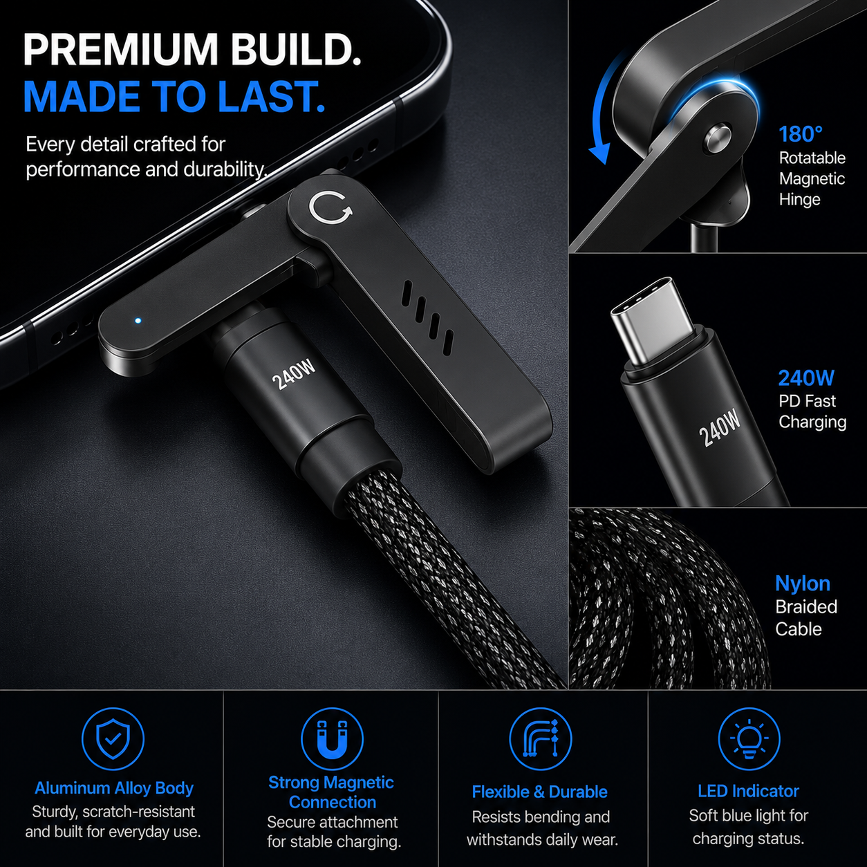 2-in-1 USB-C to USB-C 240W Fast Charging Cable with Built-in Phone Stand