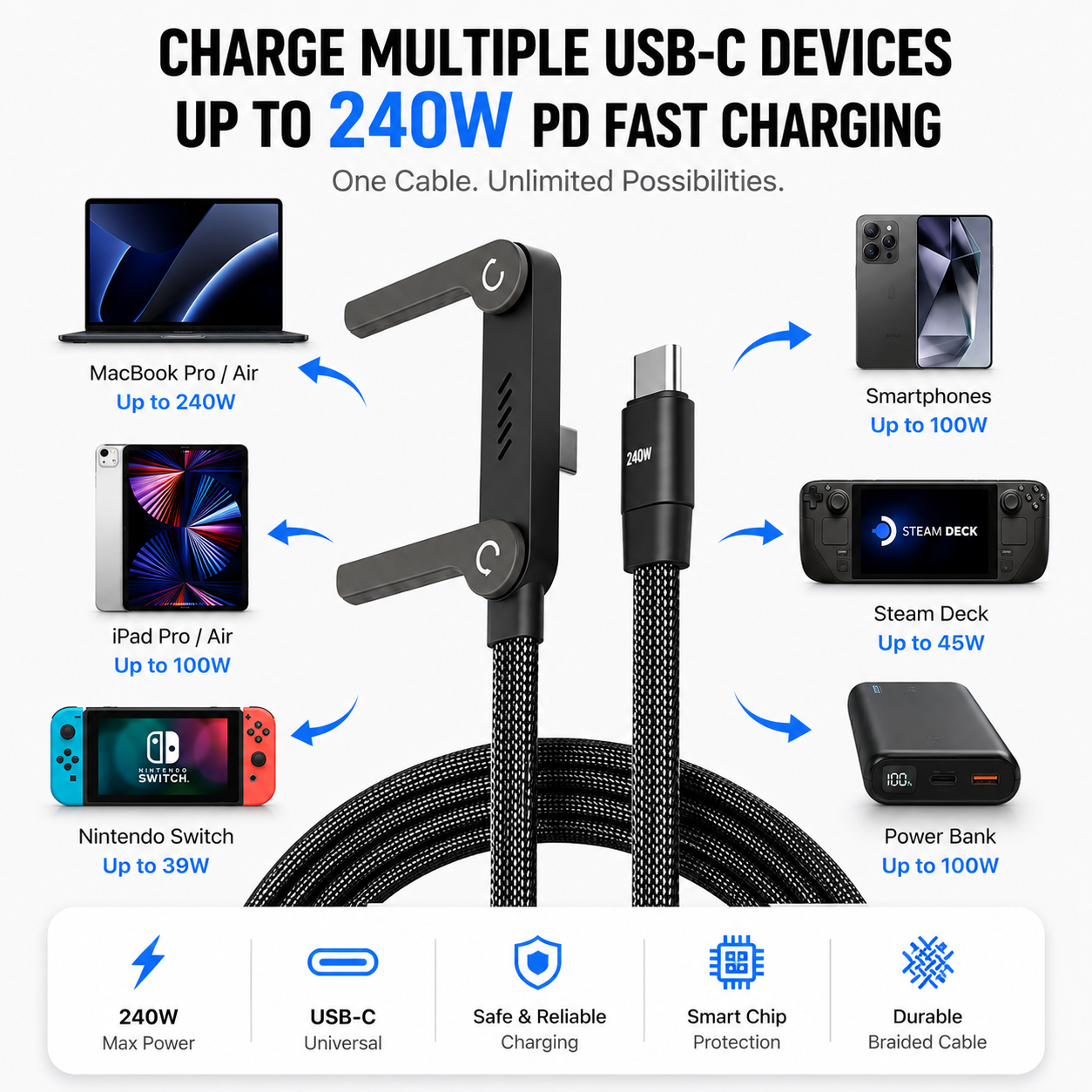 2-in-1 USB-C to USB-C 240W Fast Charging Cable with Built-in Phone Stand