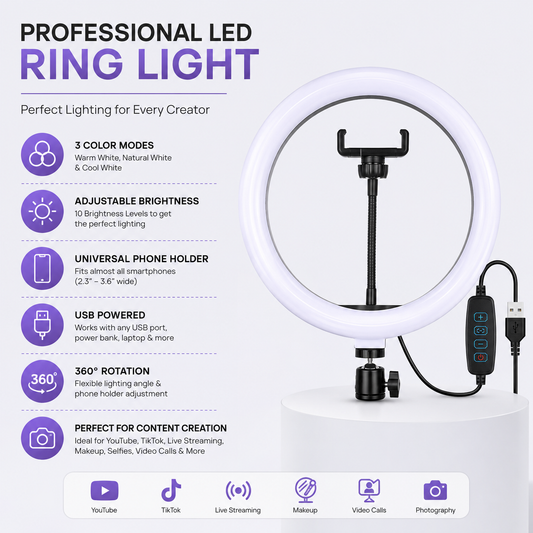 26CM LED Ring Light with Phone Holder & Remote Control
