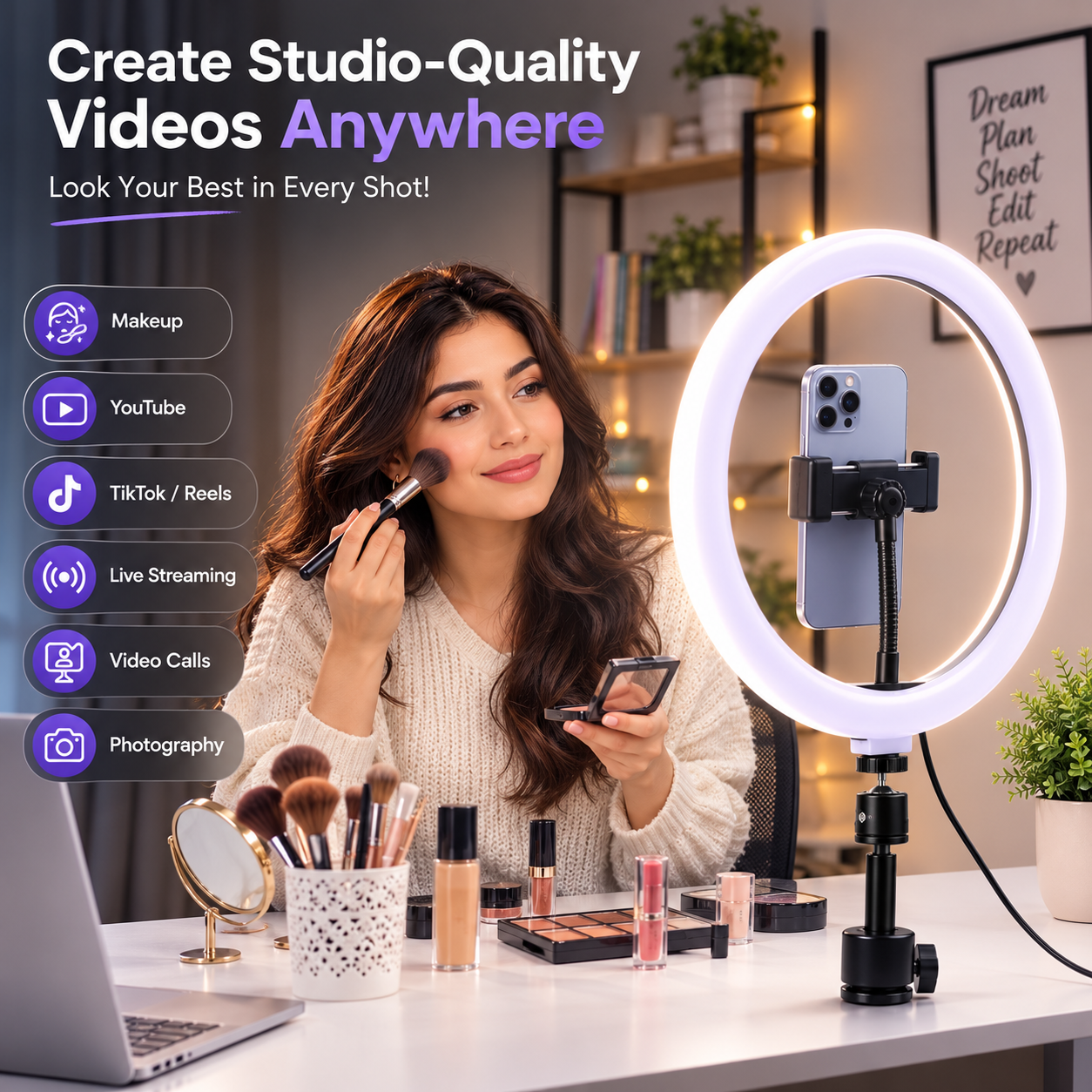 26CM LED Ring Light with Phone Holder & Remote Control