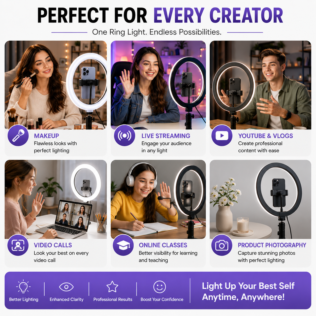 26CM LED Ring Light with Phone Holder & Remote Control
