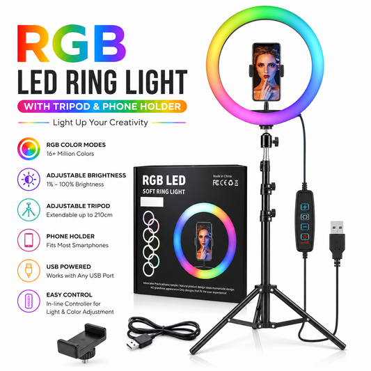 26CM MJ26 RGB LED Ring Light with Tripod & Phone Holder