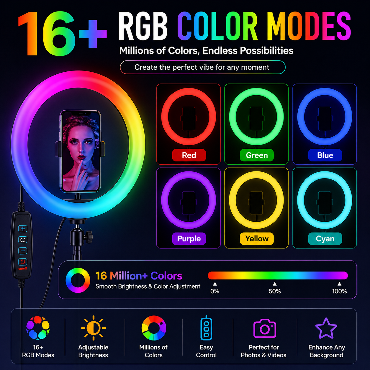 26CM MJ26 RGB LED Ring Light with Tripod & Phone Holder