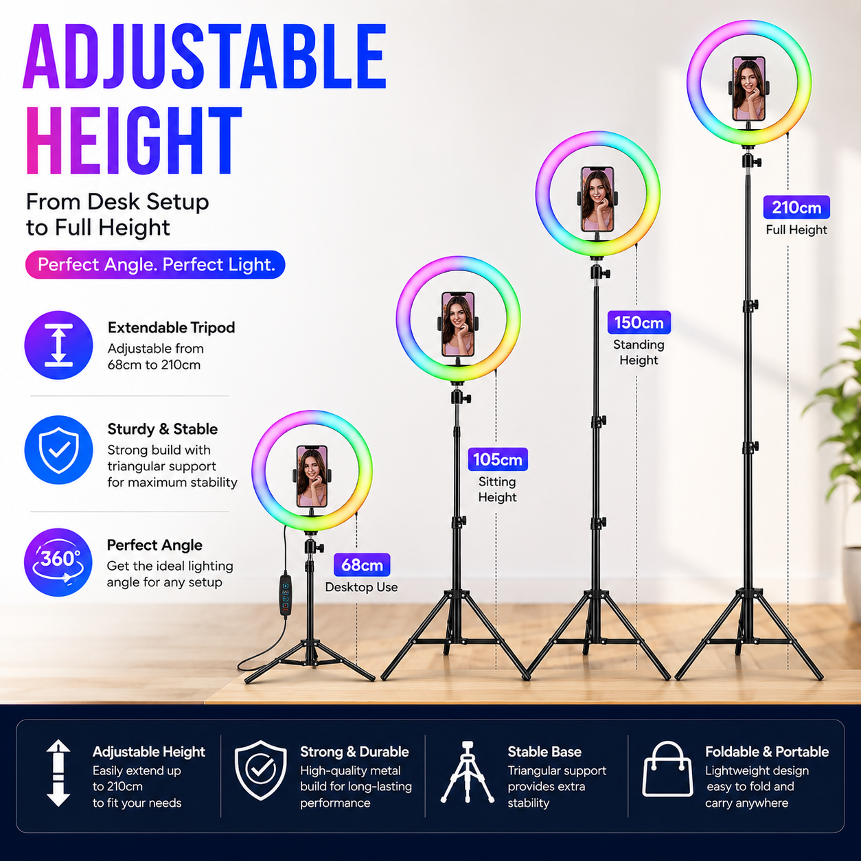 26CM MJ26 RGB LED Ring Light with Tripod & Phone Holder