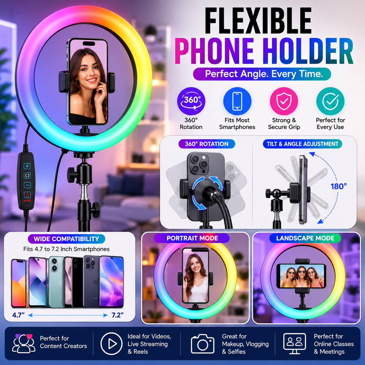 26CM MJ26 RGB LED Ring Light with Tripod & Phone Holder