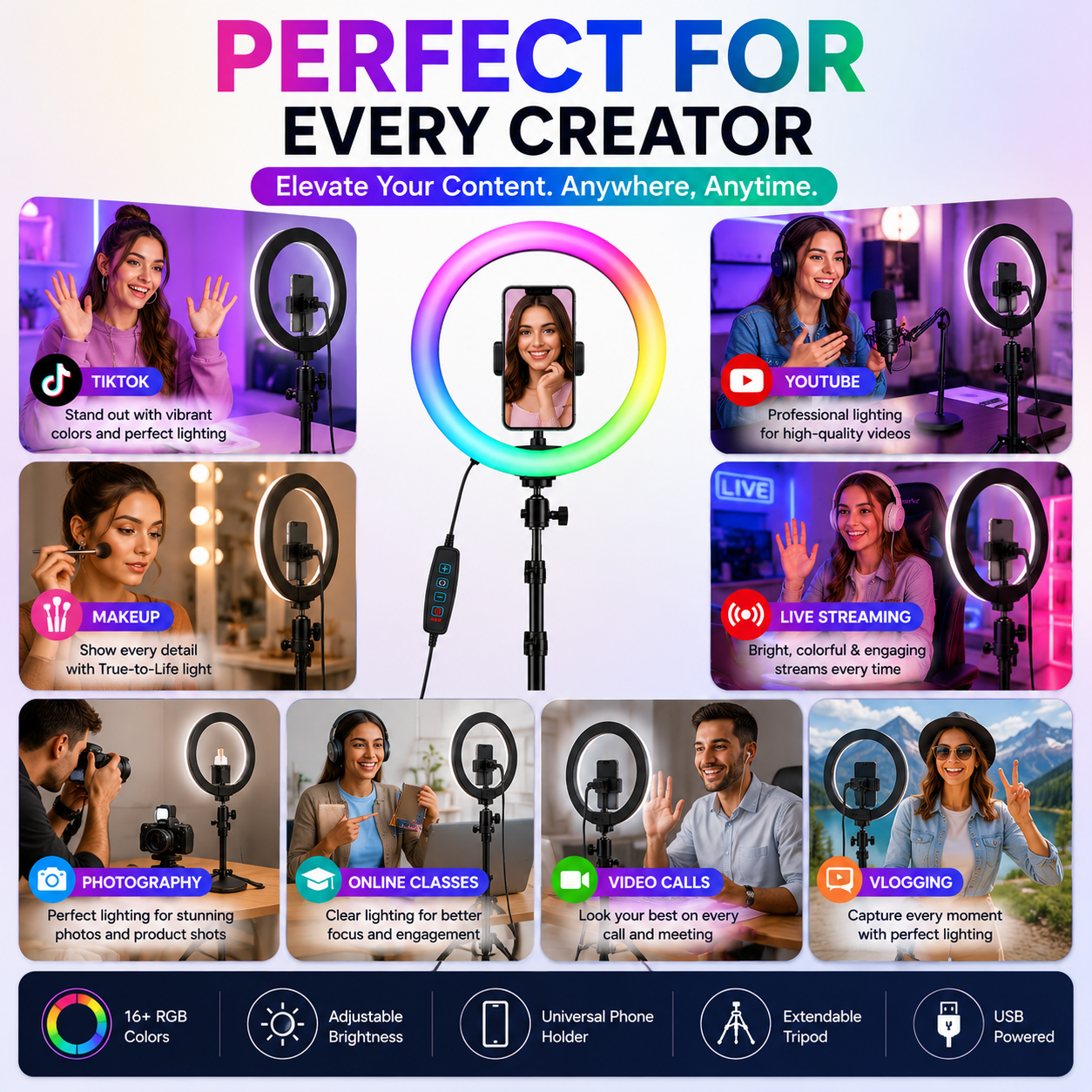 26CM MJ26 RGB LED Ring Light with Tripod & Phone Holder