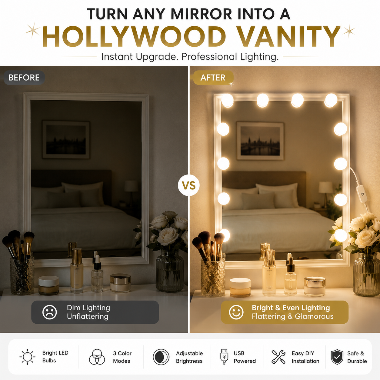 LED Vanity Mirror Lights | 3 Color Dimmable Makeup Light Kit