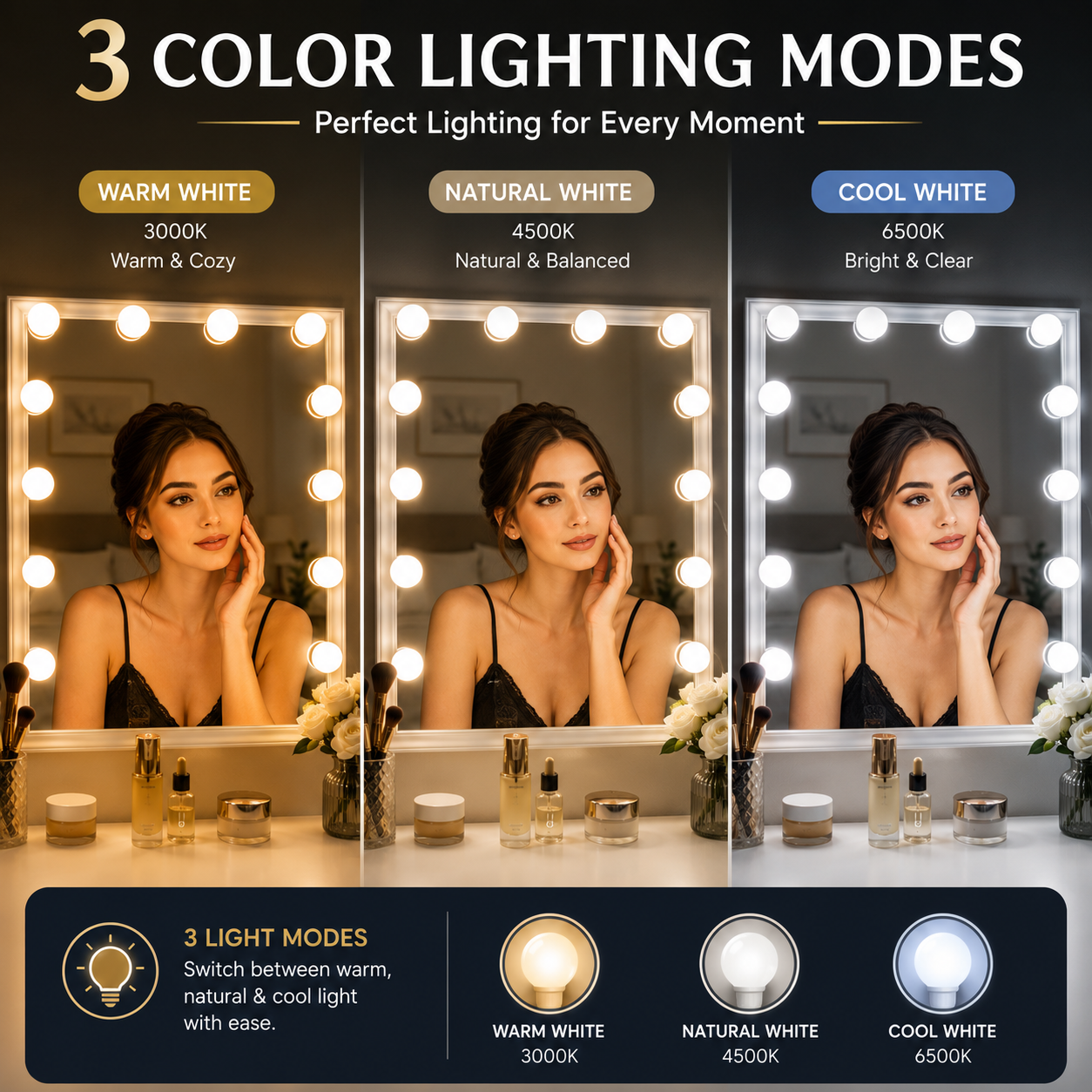 LED Vanity Mirror Lights | 3 Color Dimmable Makeup Light Kit