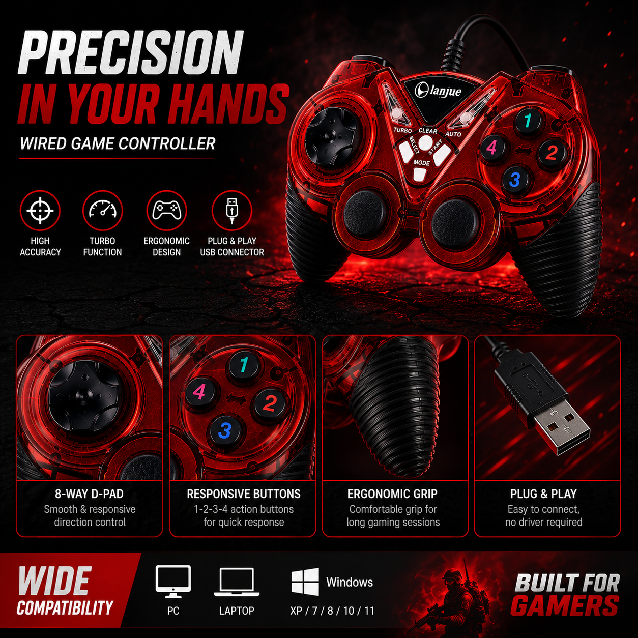 L2000 USB Wired Game Controller for PC | Dual Shock Gamepad