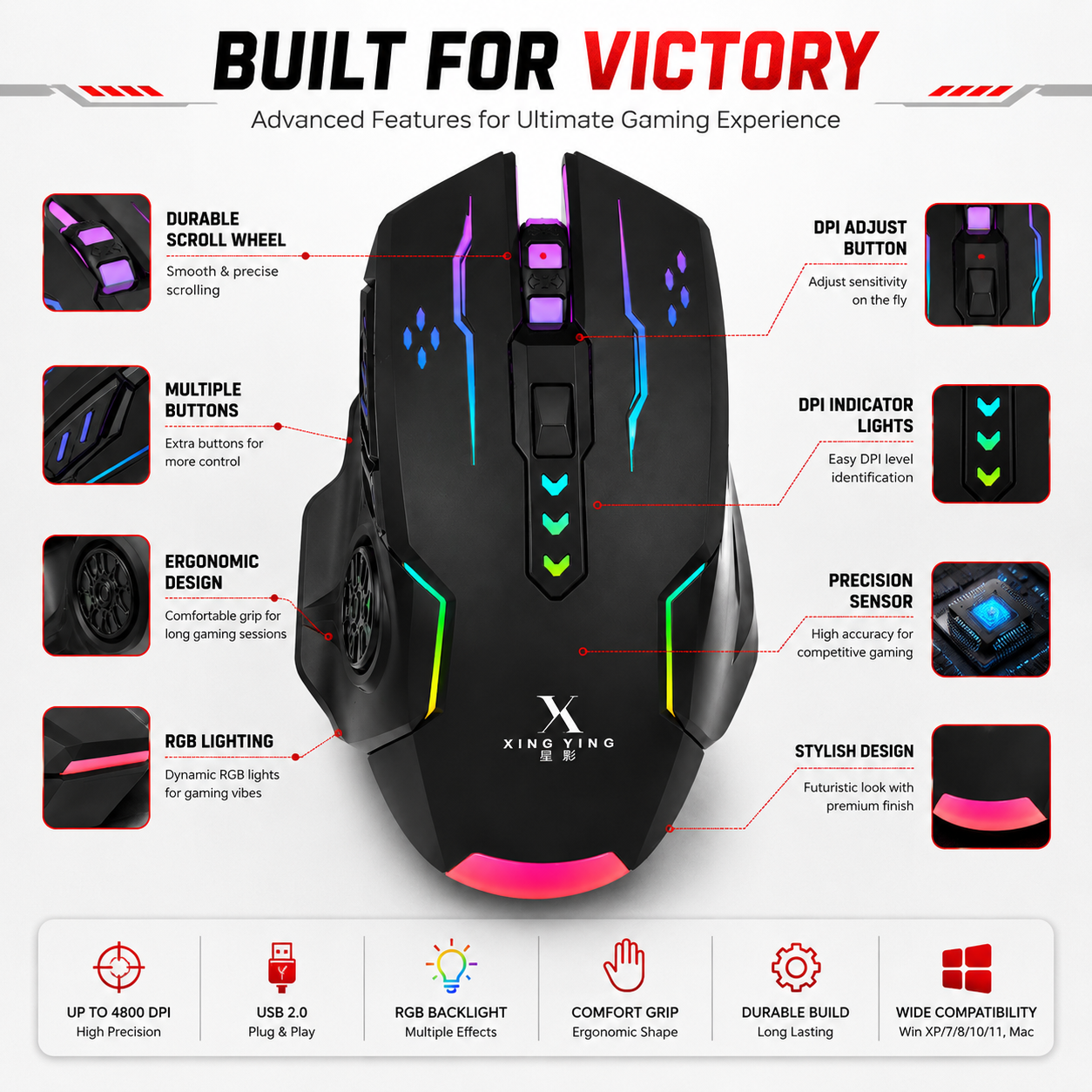 RGB Wired Gaming Mouse with LED Lights | 6 Button USB Mouse