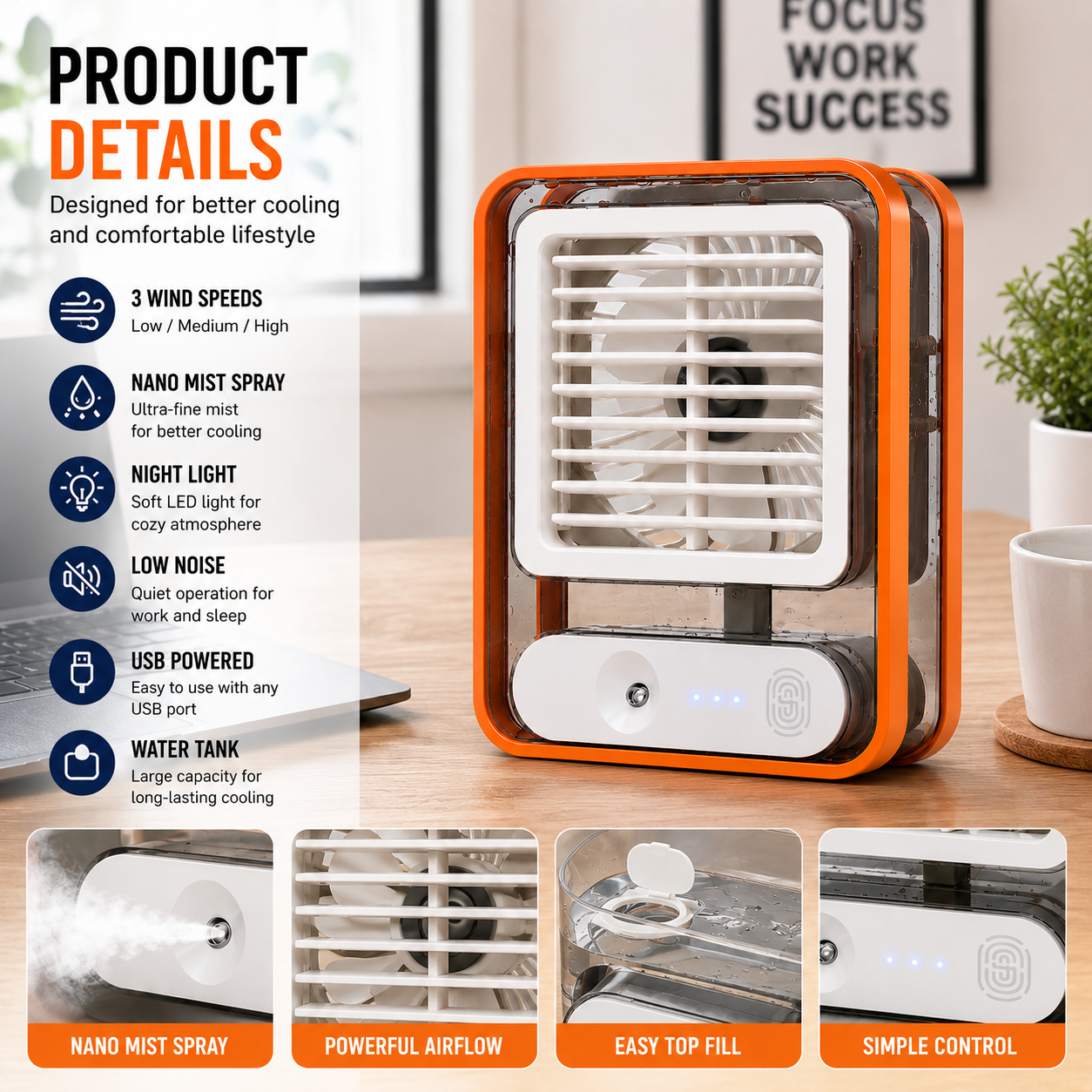 Portable USB Mini Air Cooler Fan with Mist Spray Rechargeable