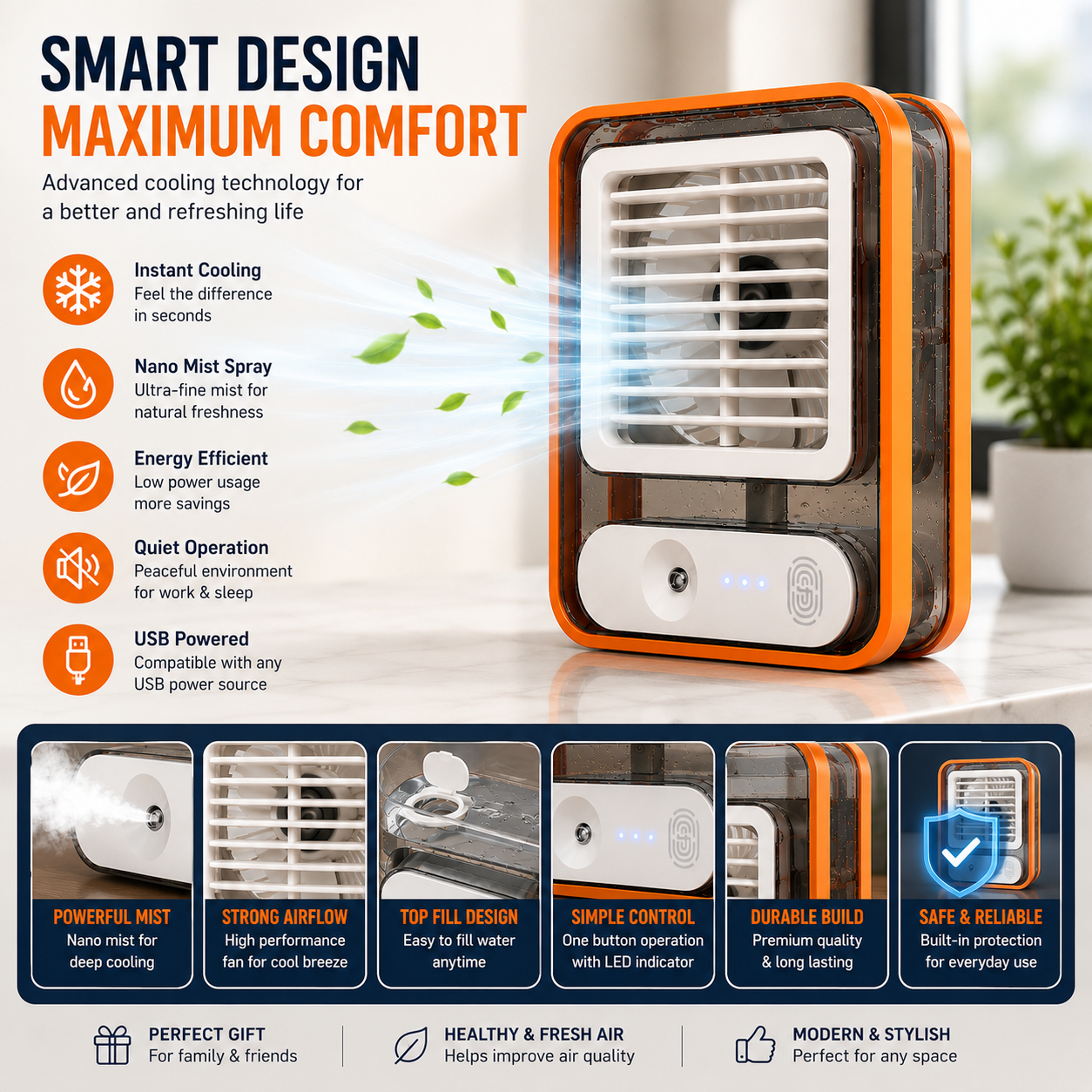 Portable USB Mini Air Cooler Fan with Mist Spray Rechargeable