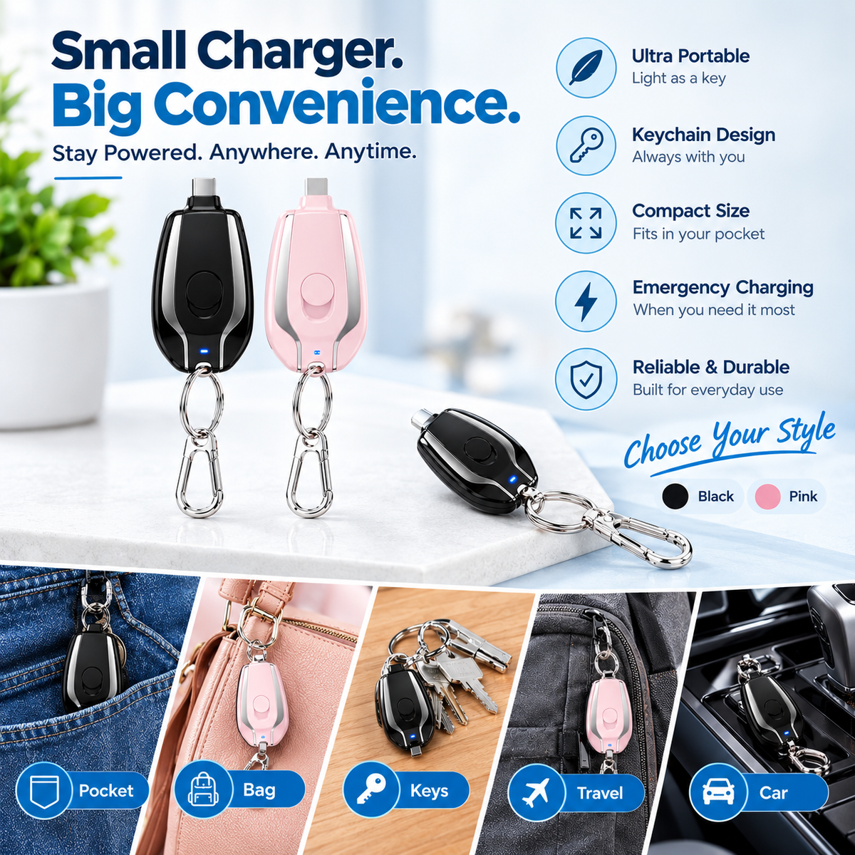 Emergency Keychain Portable Charger Mini Type-C Power Bank