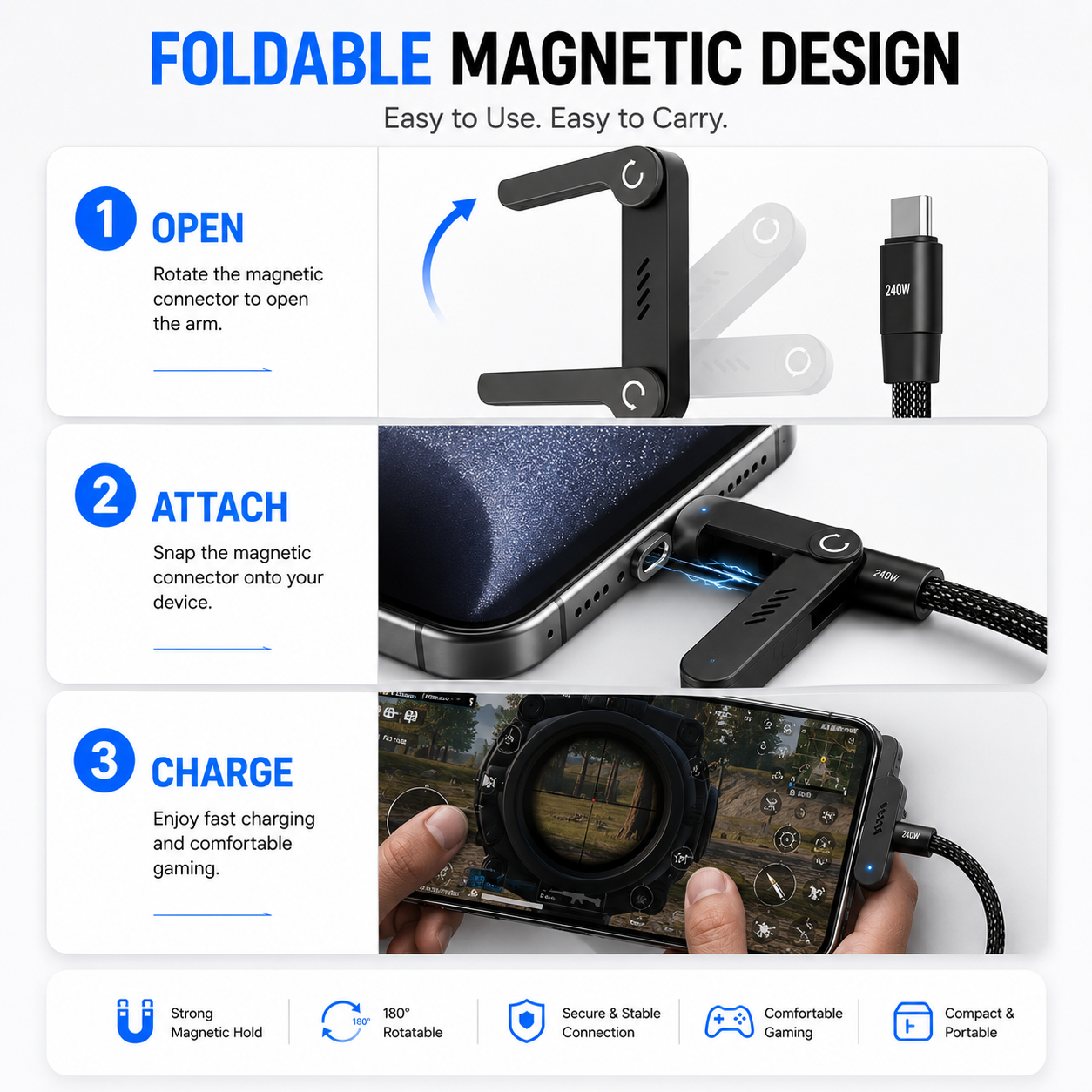 2-in-1 USB-C to USB-C 240W Fast Charging Cable with Built-in Phone Stand