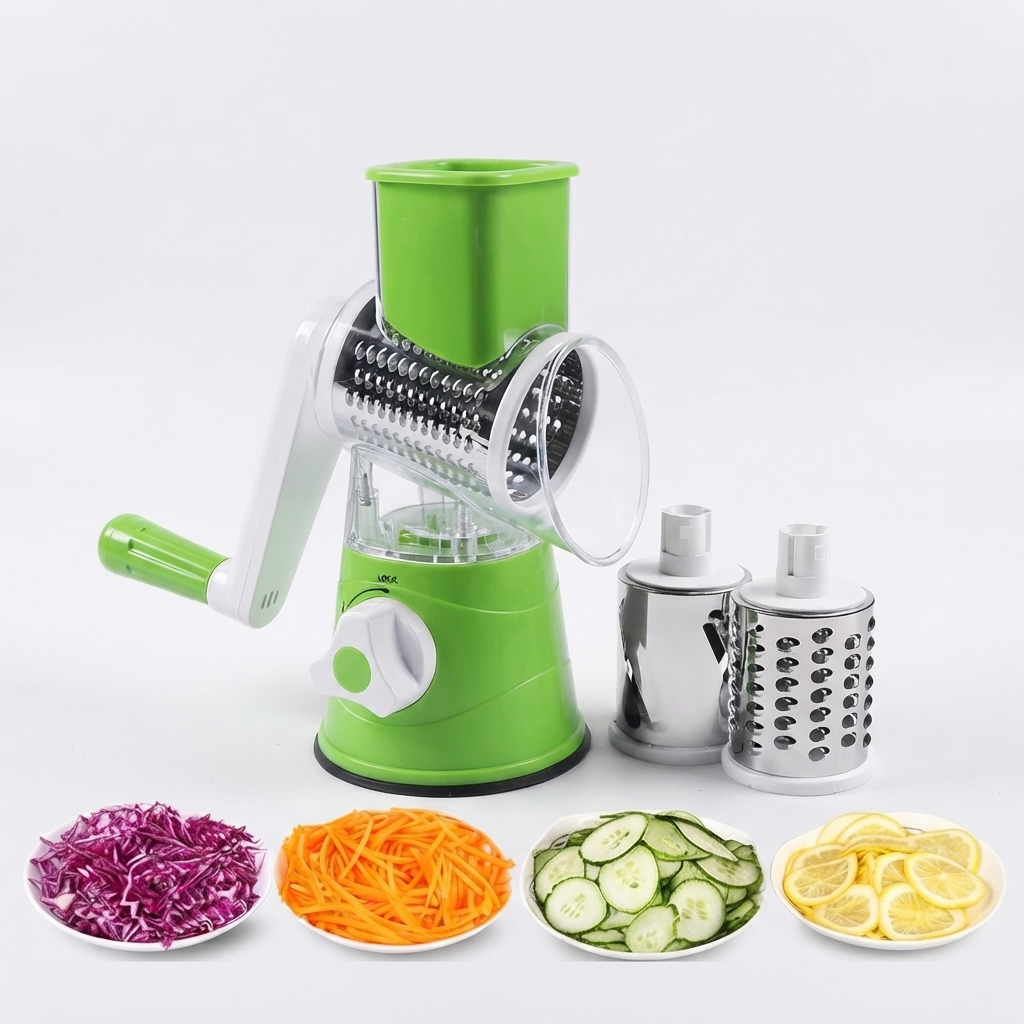 Manual Rotary Vegetable Cutter | 3 Blade Drum Slicer & Grater