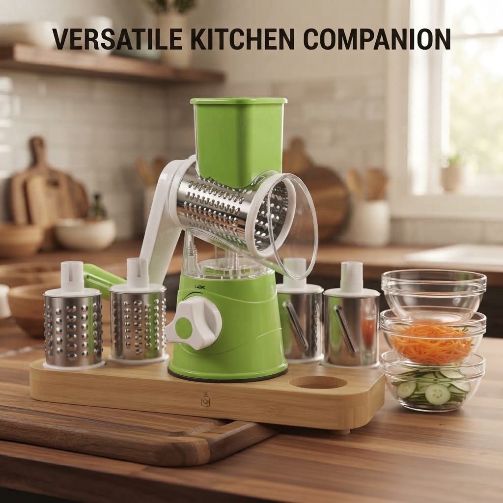 Manual Rotary Vegetable Cutter | 3 Blade Drum Slicer & Grater
