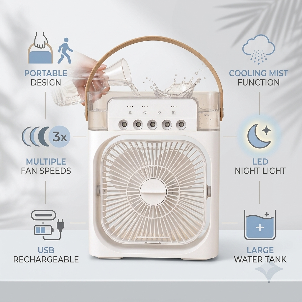 Portable Air Cooler with Humidifier |  LED Night Light Air Cooler