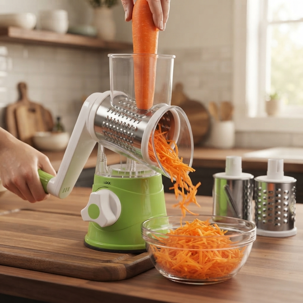Manual Rotary Vegetable Cutter | 3 Blade Drum Slicer & Grater