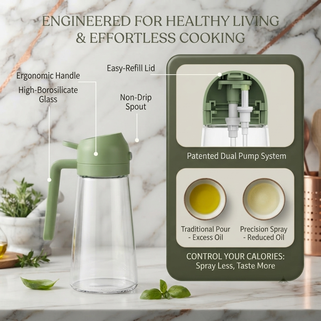 2-in-1 Oil Spray Bottle 470ml | Glass Oil Sprayer for Kitchen