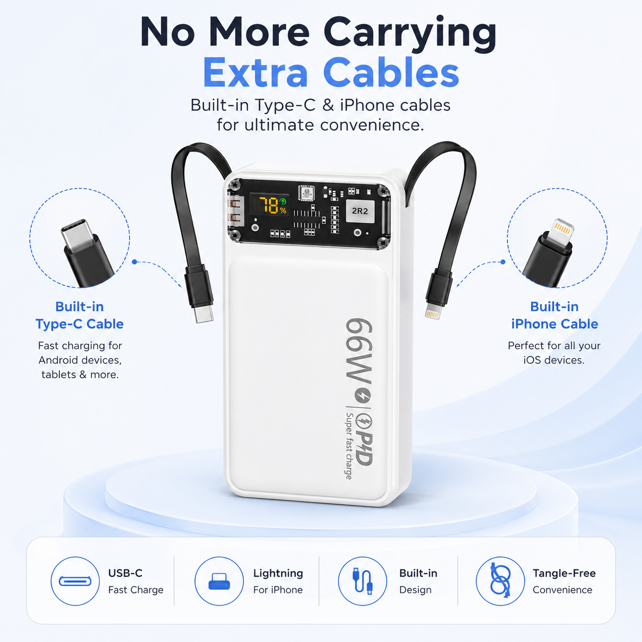 66W Fast Charging 20000mAh Power Bank with Built in Cables